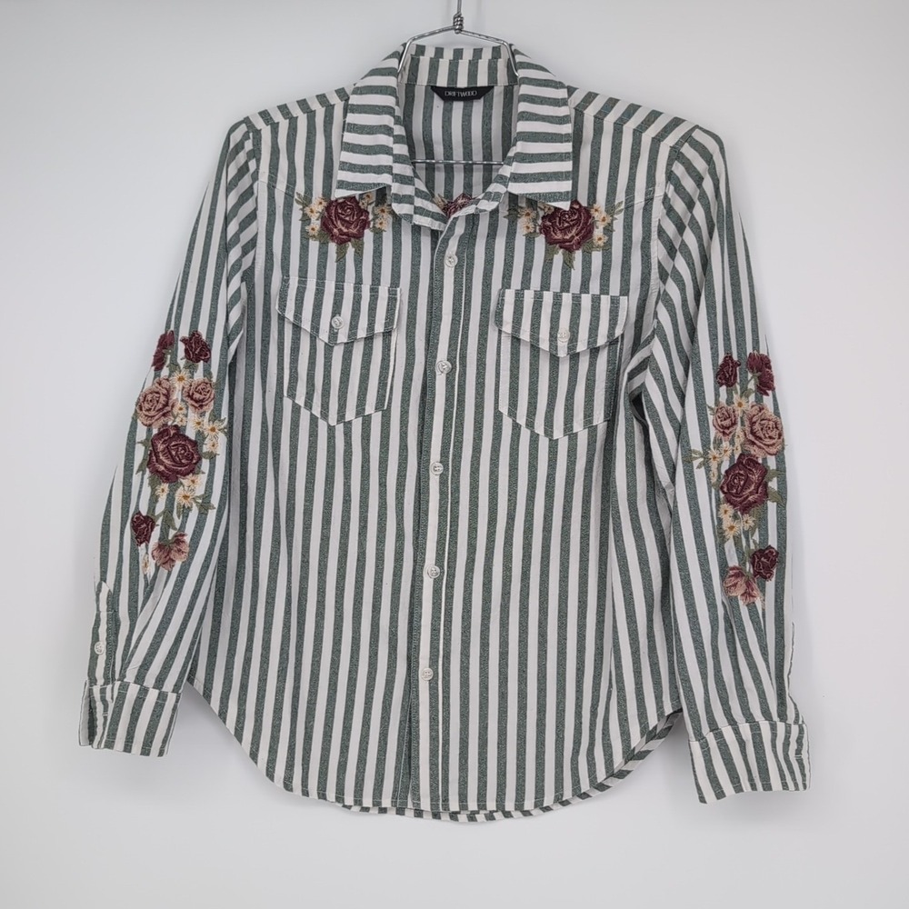Driftwood Button Down Rosé Shirt Large Embroidered Olive Stripe Blouse